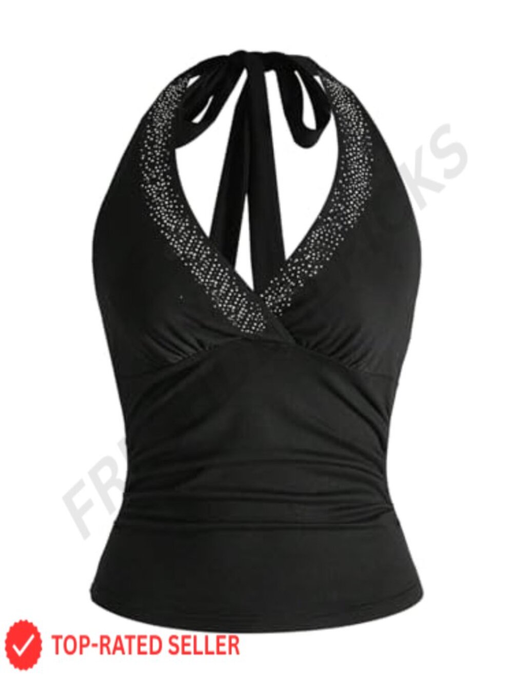 Sparkly Rhinestone Halter Crop Top Sleeveless Tie Back Ruched Party Top